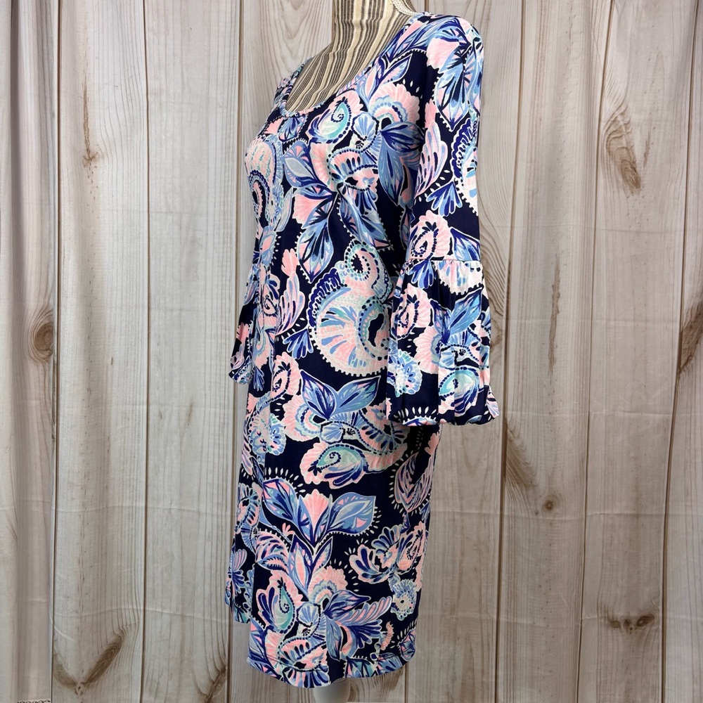 Lilly Pulitzer Carlile Sheath Dress Bell Sleeves High Tide Holy Flockamolie Sz S - Picture 2 of 16
